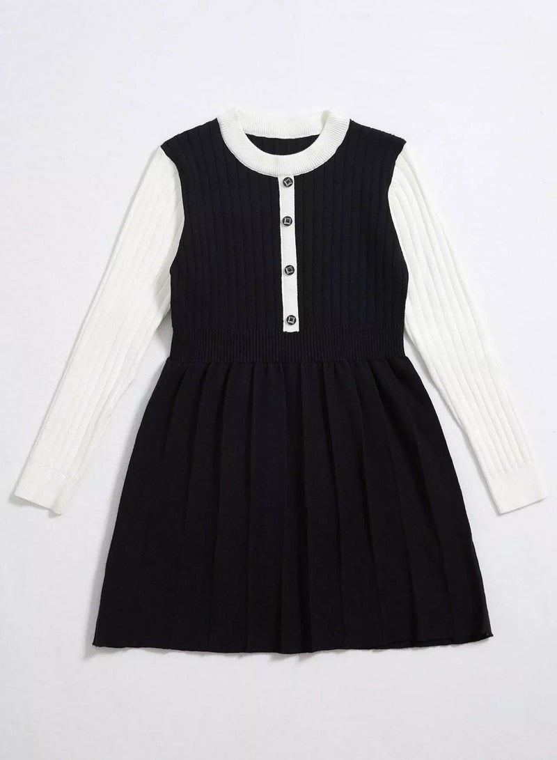 Girls Color Block Single Breasted Fold Pleated Sweater Dress - Image 3