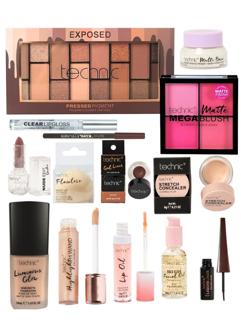 Technic UK Exposed Gift Set: 14-Piece All-In-One Professional Makeup Collection – Brown Toned Essentials for Neutral Day to Night Transitions - Image 1