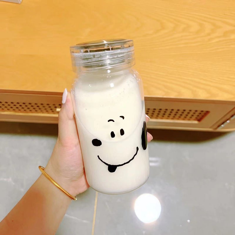 Cute Cartoon Glass Cup with Lid High Temperature Resistant Dog