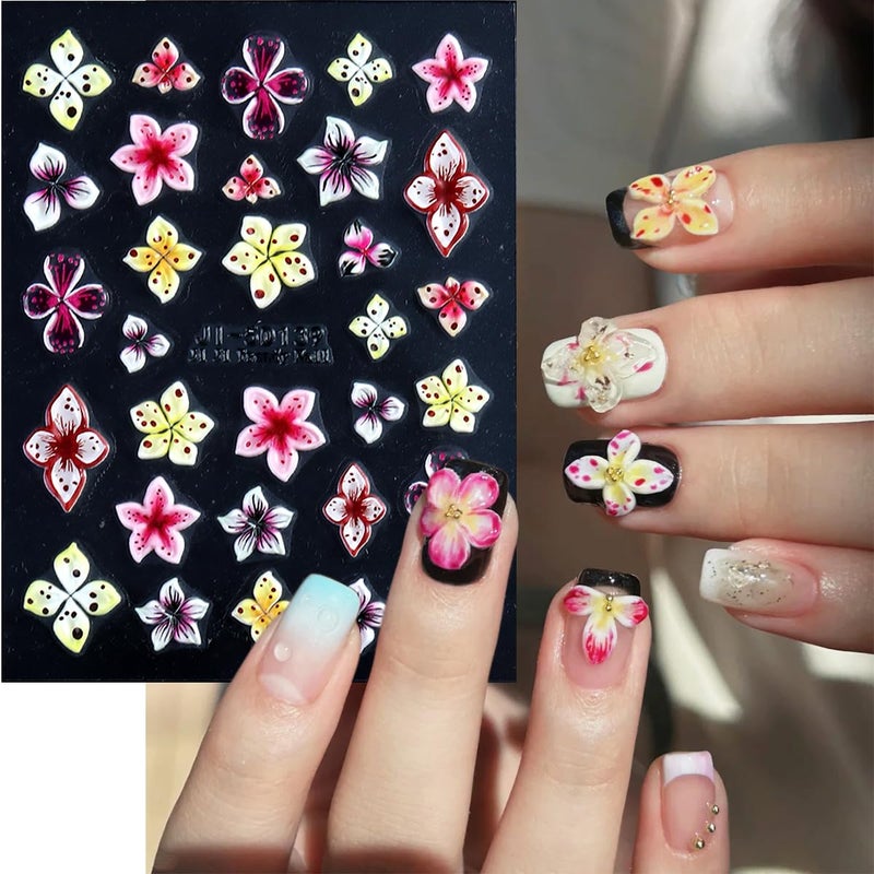 Fcozpjk Flower Nail Stickers 5D Embossed Lily Flower Stickers for Nails Hibiscus Self Adhesive Floral Nail Decals Gold Flower Nail Charms Vacation Design Pegatinas para UÃ±as 4 Sheet - Image 5