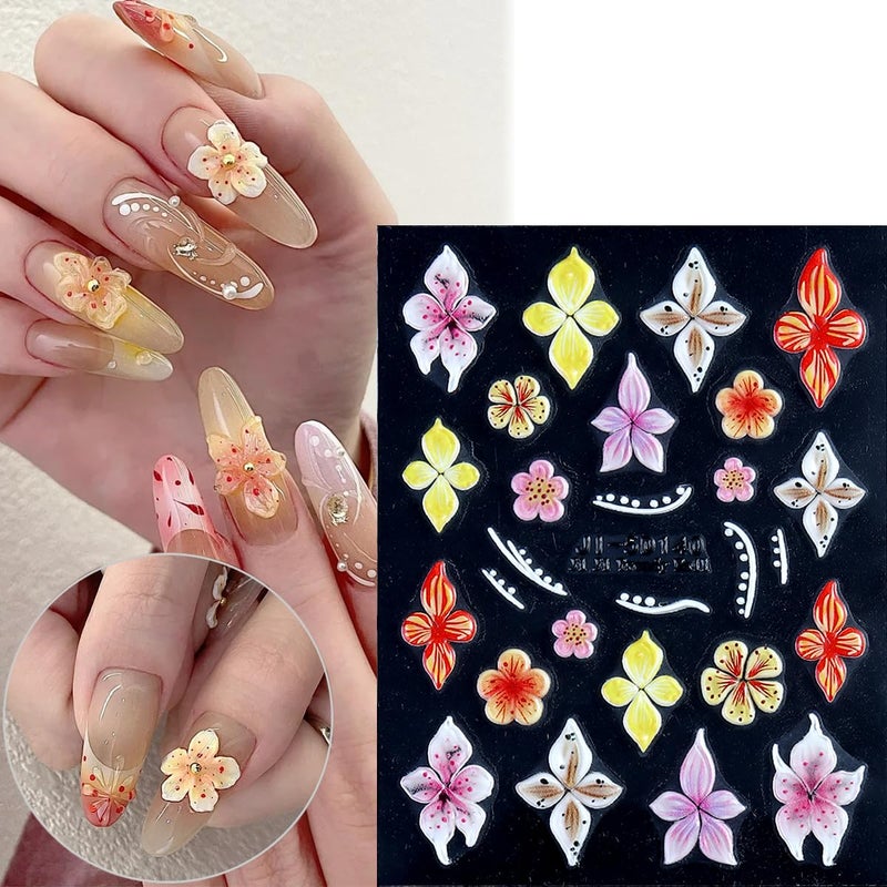 Fcozpjk Flower Nail Stickers 5D Embossed Lily Flower Stickers for Nails Hibiscus Self Adhesive Floral Nail Decals Gold Flower Nail Charms Vacation Design Pegatinas para UÃ±as 4 Sheet - Image 3