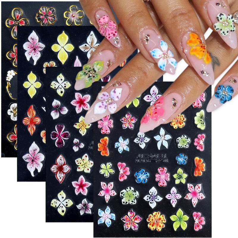 Fcozpjk Flower Nail Stickers 5D Embossed Lily Flower Stickers for Nails Hibiscus Self Adhesive Floral Nail Decals Gold Flower Nail Charms Vacation Design Pegatinas para UÃ±as 4 Sheet - Image 1