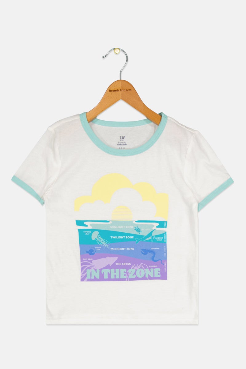 GAP Kids Girl Round Neck Short Sleeves Graphic Print Top, White - Image 1