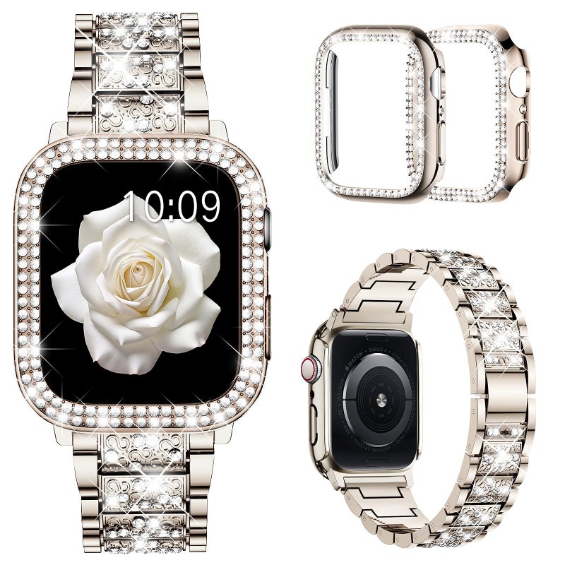 Mosonio Compatible with Apple Watch Band Series 987 45mm with Case Women Jewelry Replacement Metal Wristband Strap with 2 Pack Bling PC Protective Cover for iWatch 45mm Series 987Champagne - Image 2