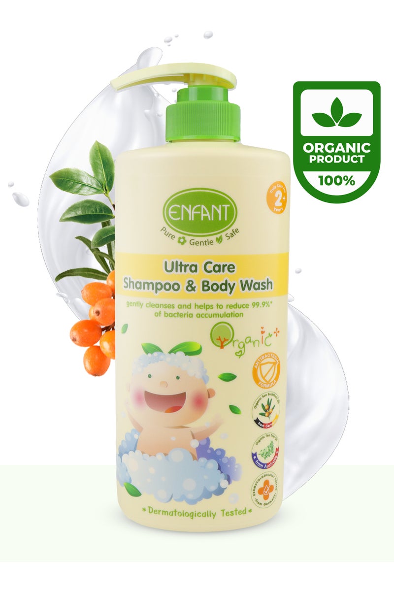 Enfant Ultra Care Organic Plus Shampoo & Body Wash 500ML Pump Baby Body Wash Baby Shampoo Gently Cleanses And Helps To Reduce 99.9%* Of Bacteria Accumulation Specially Designed For Your Baby With OAT AMINO BUBBLE, A Natural Cleansing Agent Dermatologically Tested From Germany  - Image 1