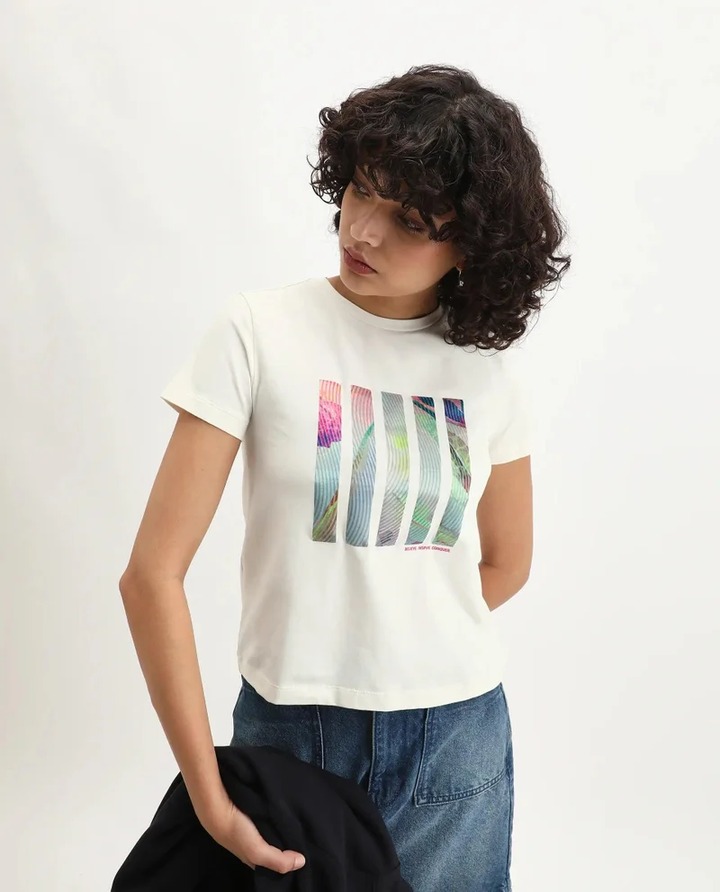 Rareism Women's Satin Printed Abstract T Shirt