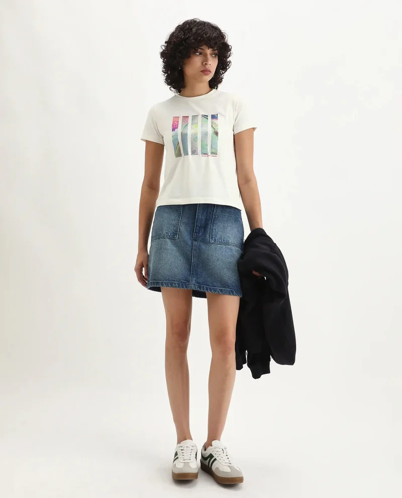 Rareism Women's Satin Printed Abstract T Shirt
