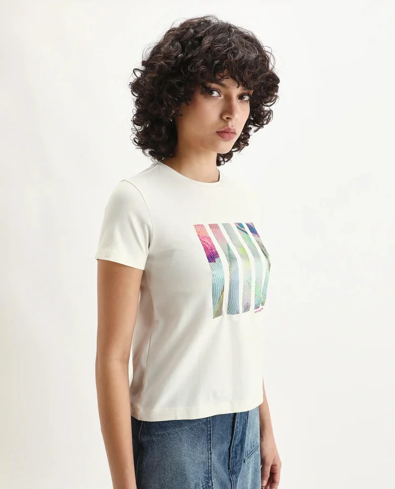 Rareism Women's Satin Printed Abstract T Shirt