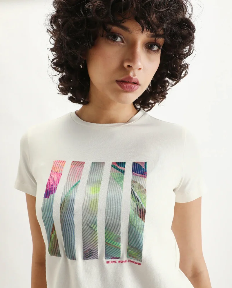 Rareism Women's Satin Printed Abstract T Shirt