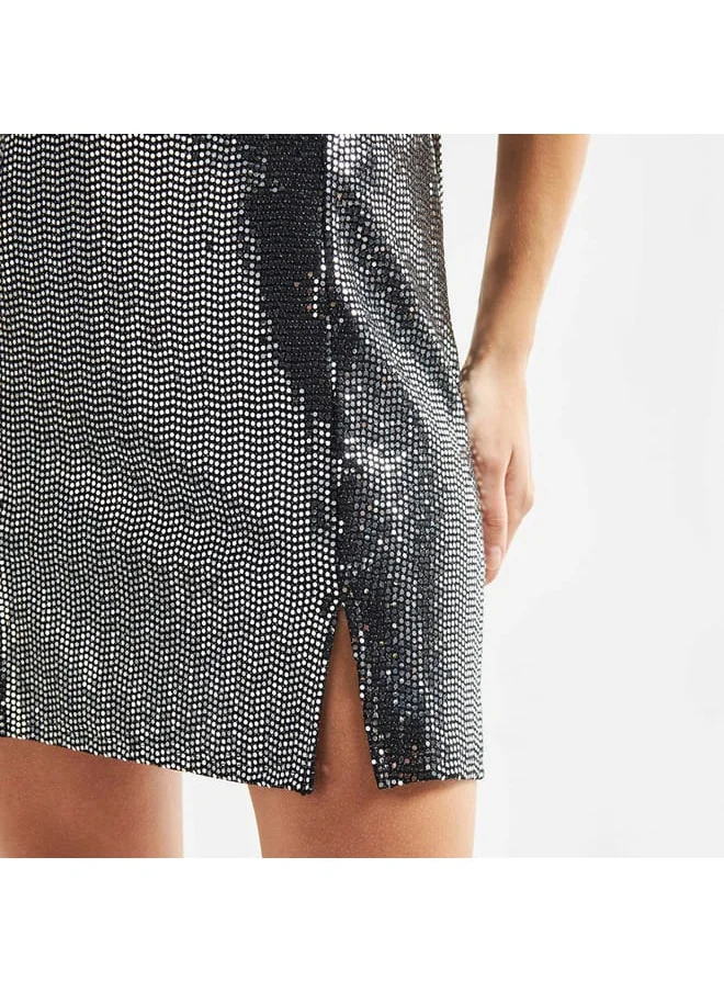 FAV Sequin Embellished Mini Skirt with Slit Detail