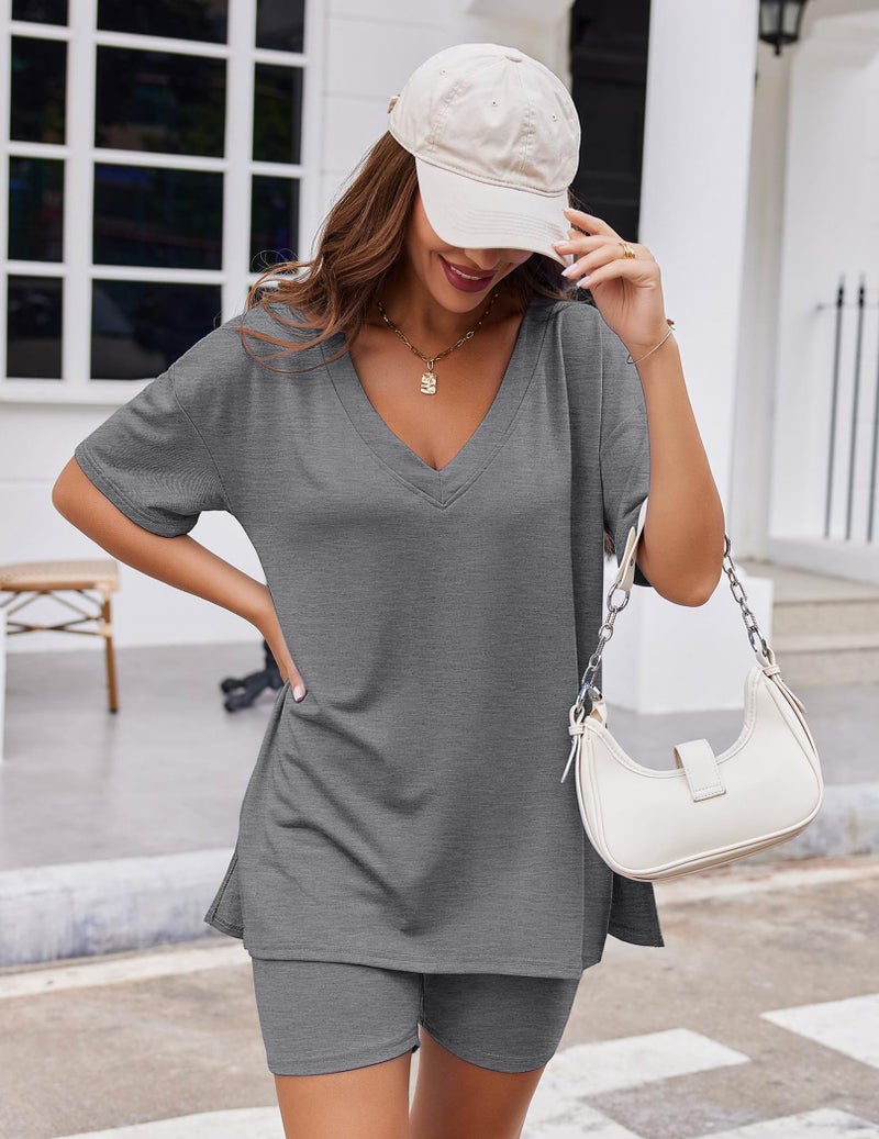 Ekouaer Womens Pajamas 2 Piece Lounge Sets Oversized V Neck T-Shirts Tops Biker Shorts Set Workout Reversible Tracksuit Deep Dark Grey, Small - Image 2