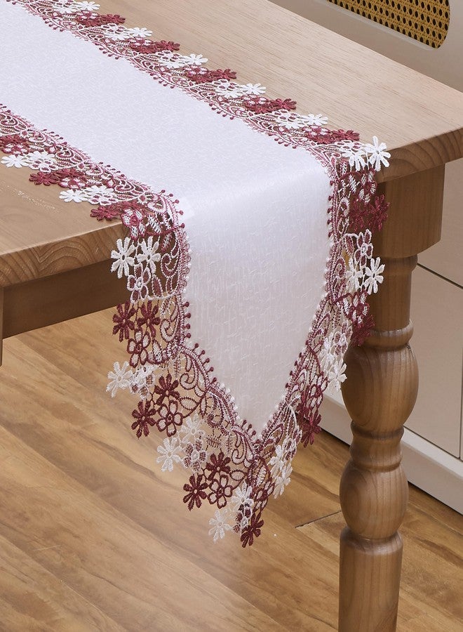 Winotic White Dark Red Floral Lace Jacquard Table Runner Dresser Scarf 72 inches Long for Kitchen Dining Coffee Table Parties Wedding Home Decor (16” x72”, Dark Red Floral) - Image 1