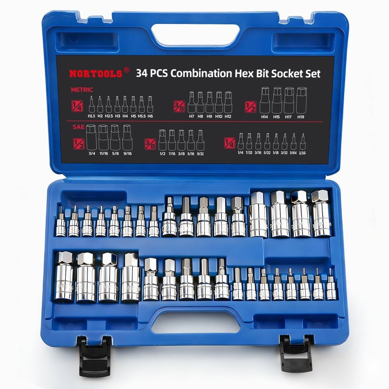 NORTOOLS Master Hex Bit Socket Set S2 Steel Allen Sockets Bit SAE and Metric Torx Bit CRV Socket Tool Allen Wrench Bit Kit 1/2" 3/8" 1/4" Drive Automotive Bike Motorcycle and ATV 34 Pieces