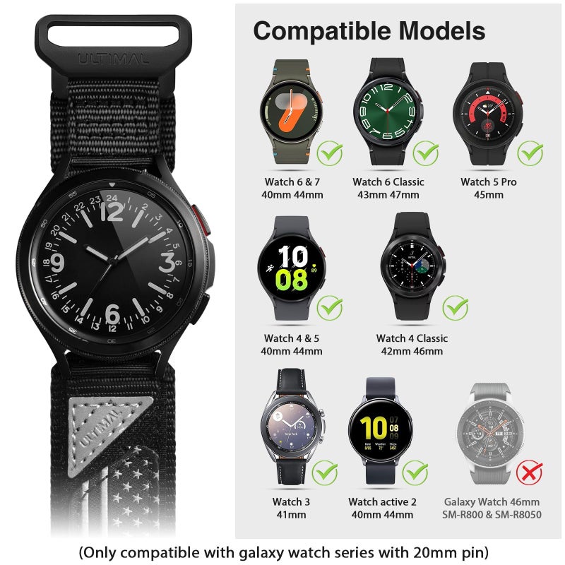 ULTIMAL Compatible with Samsung Galaxy Watch 7 6 5 4 FE 40mm 44mm/6 Classic 43mm 47mm/5 Pro 45mm/4 Classic 42mm 46mm, 20mm Nylon Adjustable Sports Strap for Men Women (BLACK USA FLAG, L) - Image 3
