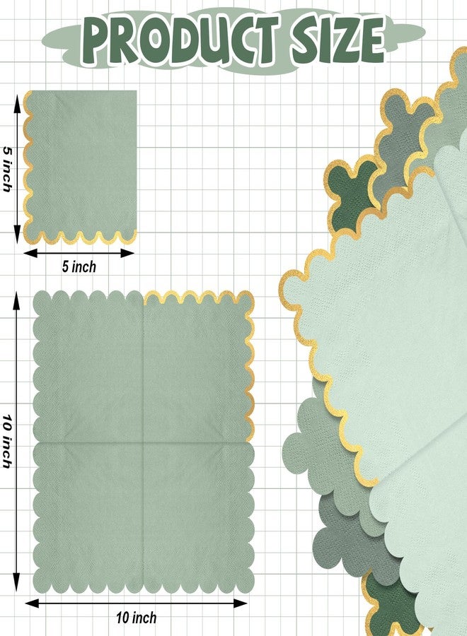 Saypacck 100 Pack Scalloped Cocktail Napkins with Gold Foil Accents Beverage Napkins Scalloped Disposable Paper for Wedding Shower Baby Dinner Birthday Party Supplies 5 x 5''(Green) - Image 2
