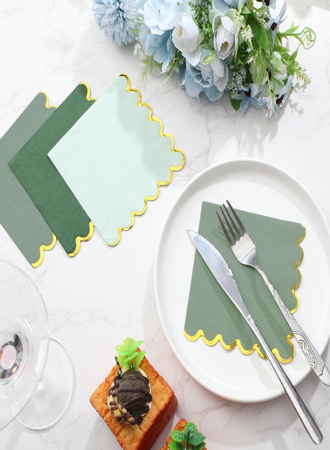 Saypacck 100 Pack Scalloped Cocktail Napkins with Gold Foil Accents Beverage Napkins Scalloped Disposable Paper for Wedding Shower Baby Dinner Birthday Party Supplies 5 x 5''(Green) - Image 5