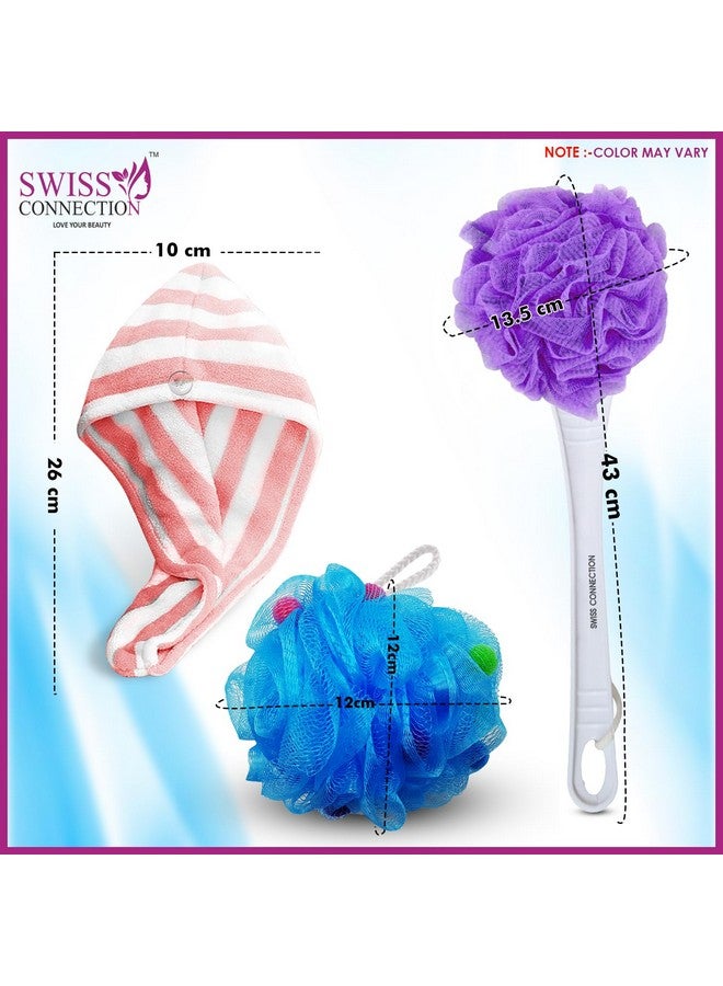 Swiss Connection Round Long Handle Loofah With Hair Wrap Towel Super Absorbent Towel Quick Hair Drying, Back Loofah Scrubber Soft Nylon Mesh | Microfiber | Bathing Set For Women Multicolour (Pack of 3) - Image 2