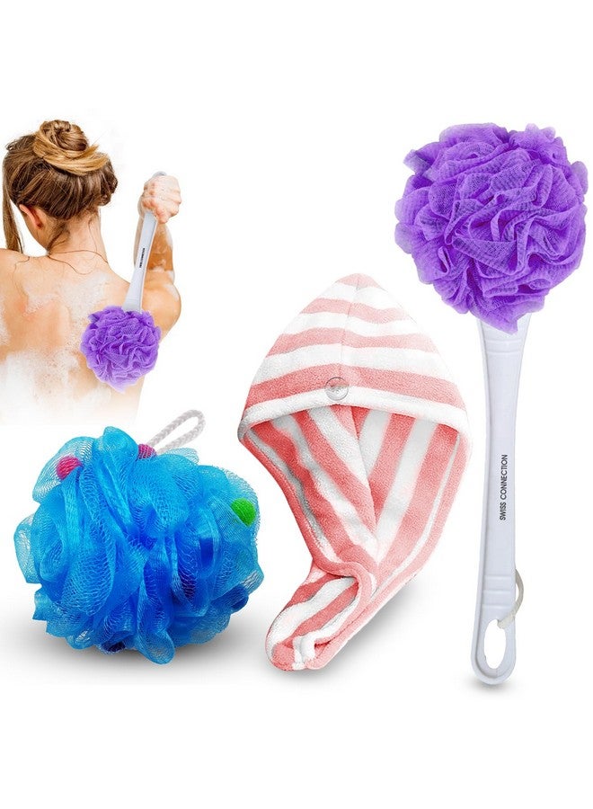 Swiss Connection Round Long Handle Loofah With Hair Wrap Towel Super Absorbent Towel Quick Hair Drying, Back Loofah Scrubber Soft Nylon Mesh | Microfiber | Bathing Set For Women Multicolour (Pack of 3) - Image 1