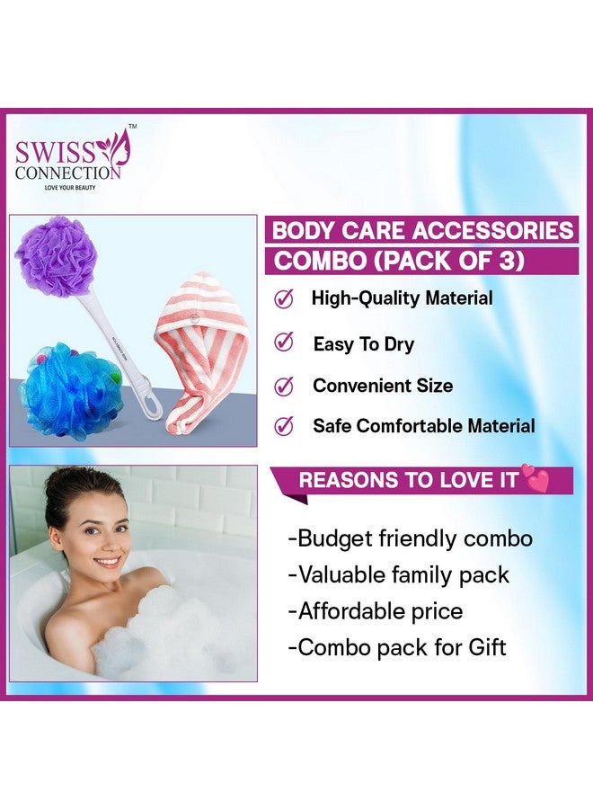 Swiss Connection Round Long Handle Loofah With Hair Wrap Towel Super Absorbent Towel Quick Hair Drying, Back Loofah Scrubber Soft Nylon Mesh | Microfiber | Bathing Set For Women Multicolour (Pack of 3) - Image 3