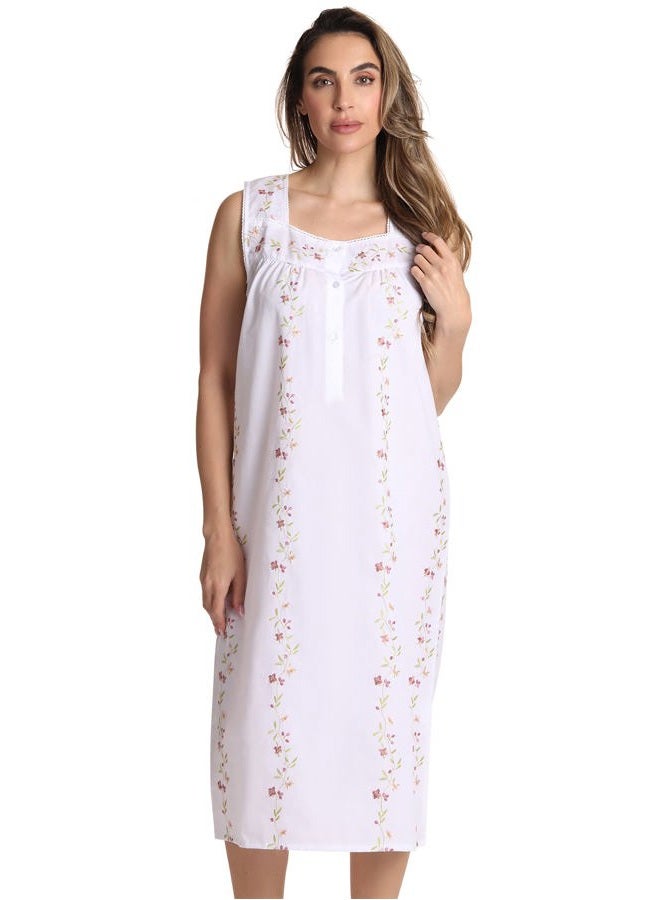 Dreamcrest 100% Cotton Sleeveless Night Gown for Women Cute Floral Summer Sleep Dress, White Seersucker, XL - Image 1