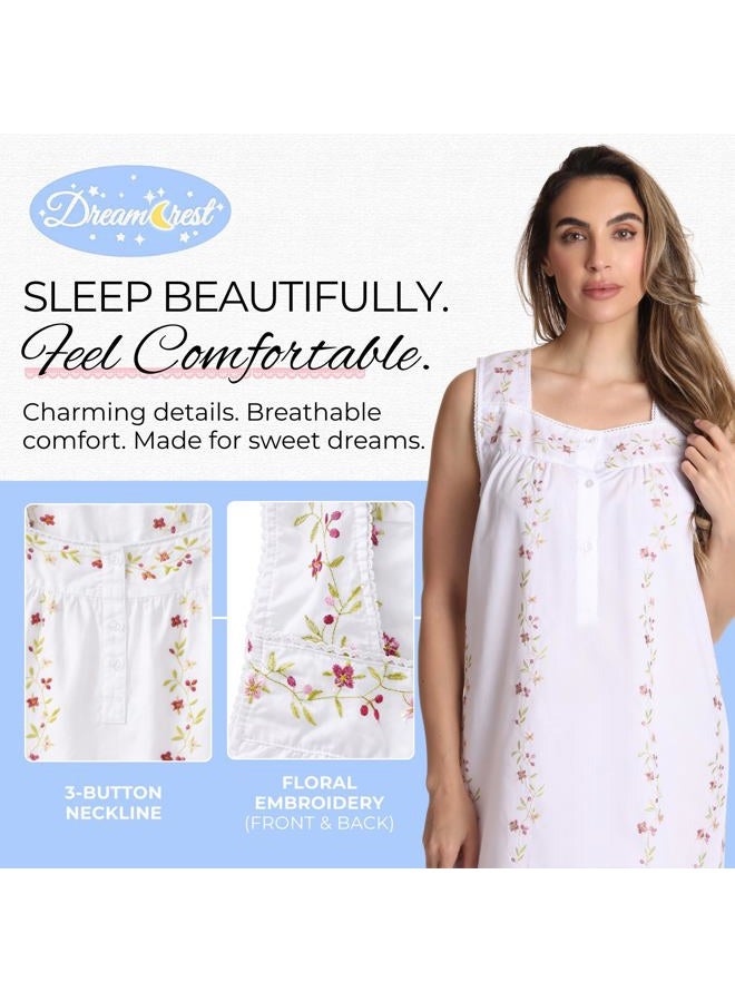 Dreamcrest 100% Cotton Sleeveless Night Gown for Women Cute Floral Summer Sleep Dress, White Seersucker, XL - Image 5