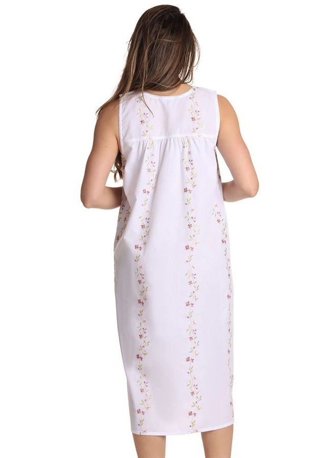 Dreamcrest 100% Cotton Sleeveless Night Gown for Women Cute Floral Summer Sleep Dress, White Seersucker, XL - Image 3