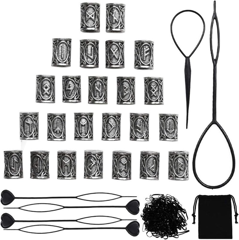 Jolbndcv 24 PCS Viking Hair Beads Beard Hair Beard Beads 6 PCS Pull Hair Pin Quick Beader 100 PCS Black Rubber Bands and a Bag