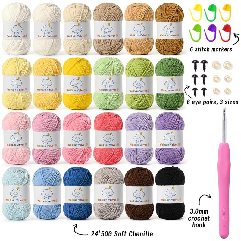 Waikxin 24 Pack Fluffy Chenille Yarn for Crocheting, Baby Yarn for Crocheting Soft, 3806yds/42oz Fingering Weight Crochet Amigurumi Yarn, Velvet Yarns for Crochet Baby Blanket&DIY Crafts.(Set A) - Image 2