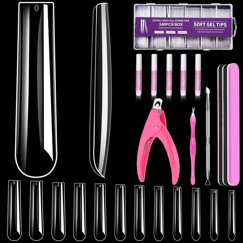 MORGLES Extra Long Tapered Square Nail Tips, 240 Pcs 3XL Full Cover Fake Tips Clear Nail Kit with Glue, Clipper, Files and Cuticle Fork for Acrylic Home DIY with Box - Image 1