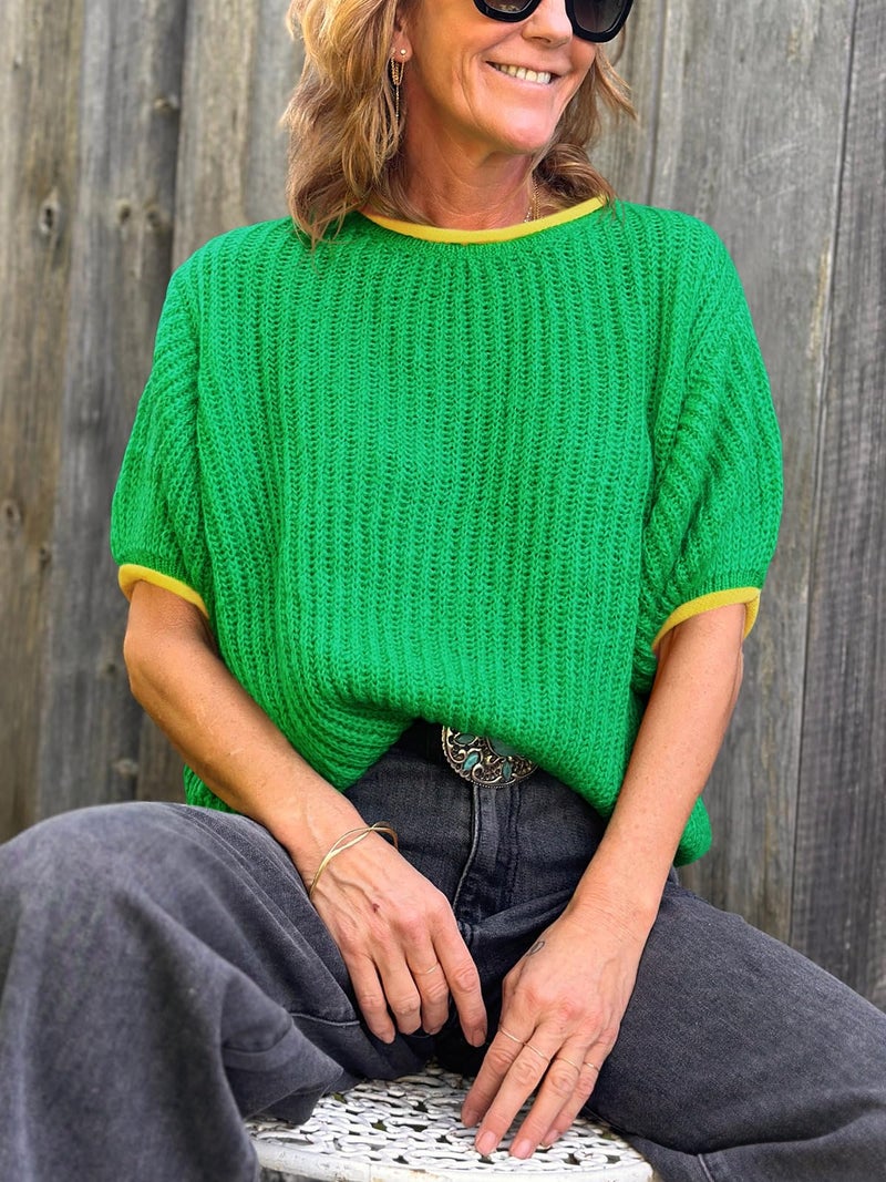 Saodimallsu Womens Puff Short Sleeve Sweater Tops Spring Summer Color Block Ribbed Knit Crew Neck Going Out Shirts Green - Image 3