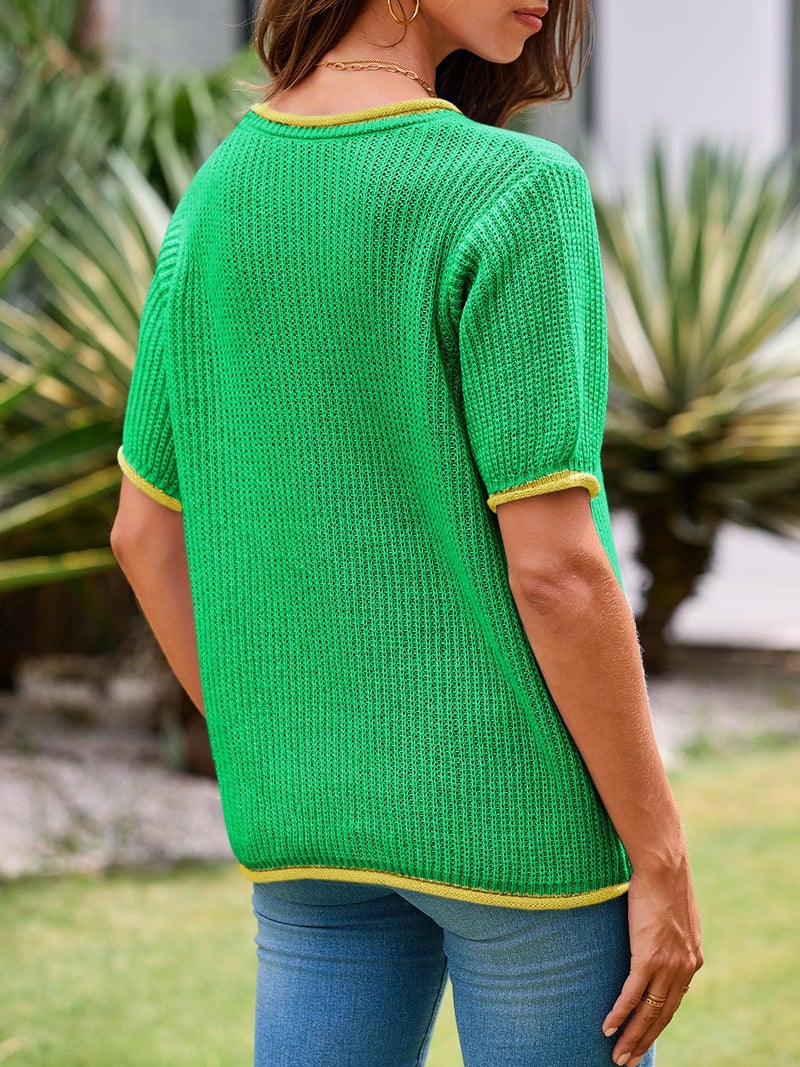 Saodimallsu Womens Puff Short Sleeve Sweater Tops Spring Summer Color Block Ribbed Knit Crew Neck Going Out Shirts Green - Image 5