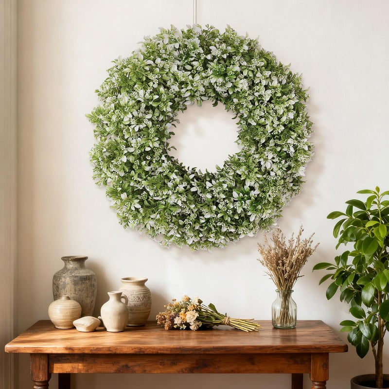 FOTEEWL 26" Artificial Boxwood Wreath for Front Door - Large Faux Aglaia Odorata Wreath, Fake Eucalyptus Leaves Plants for Wall Window Farmhouse Outdoor Decor - Spring, Summer, All Seasons (White-Green) - Image 4