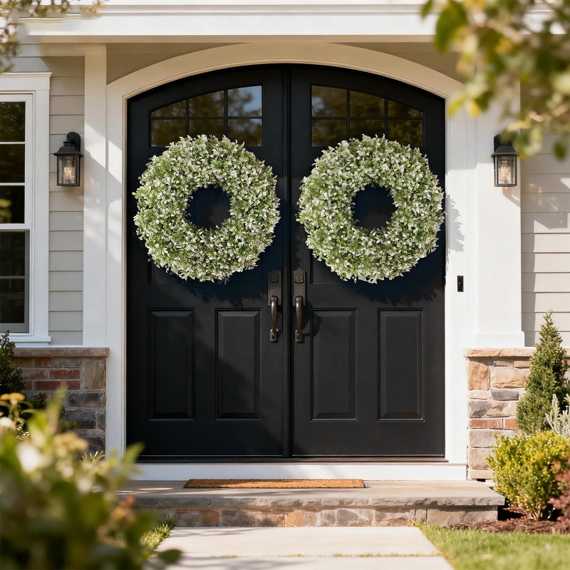 FOTEEWL 26" Artificial Boxwood Wreath for Front Door - Large Faux Aglaia Odorata Wreath, Fake Eucalyptus Leaves Plants for Wall Window Farmhouse Outdoor Decor - Spring, Summer, All Seasons (White-Green) - Image 3