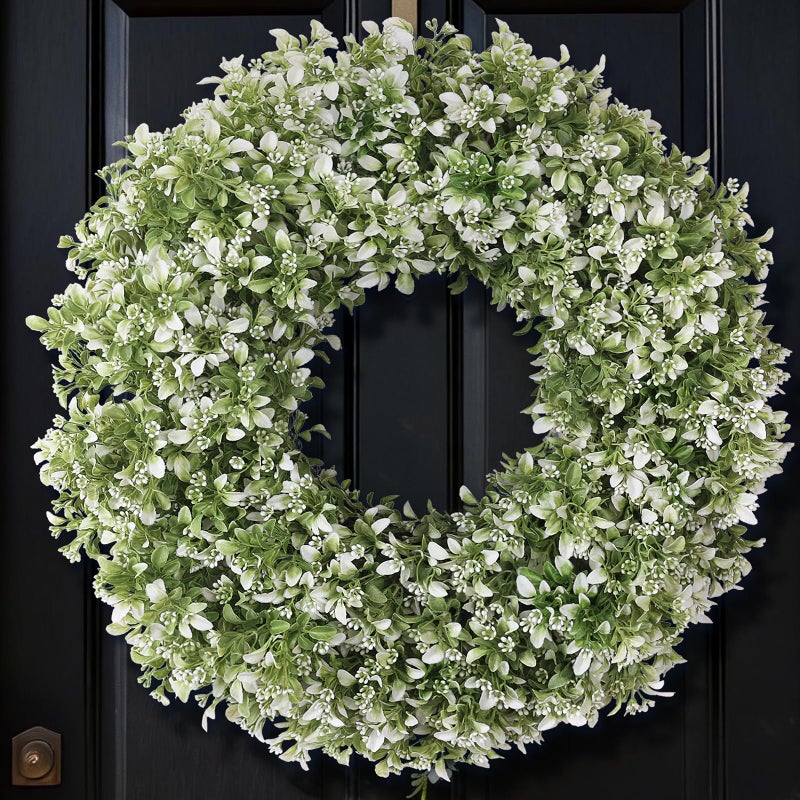 FOTEEWL 26" Artificial Boxwood Wreath for Front Door - Large Faux Aglaia Odorata Wreath, Fake Eucalyptus Leaves Plants for Wall Window Farmhouse Outdoor Decor - Spring, Summer, All Seasons (White-Green) - Image 1