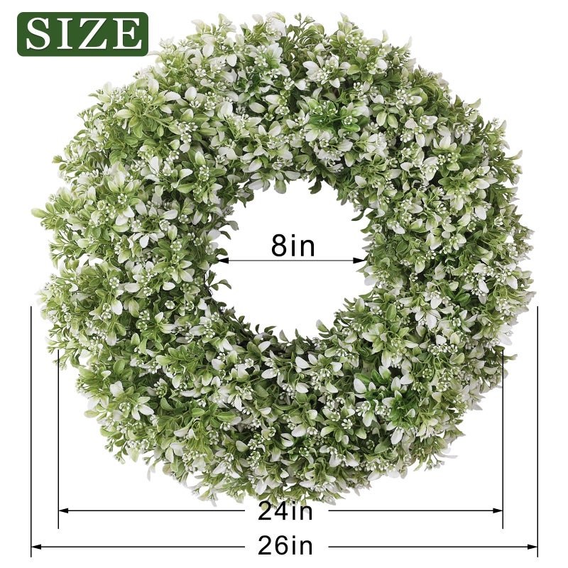 FOTEEWL 26" Artificial Boxwood Wreath for Front Door - Large Faux Aglaia Odorata Wreath, Fake Eucalyptus Leaves Plants for Wall Window Farmhouse Outdoor Decor - Spring, Summer, All Seasons (White-Green) - Image 5