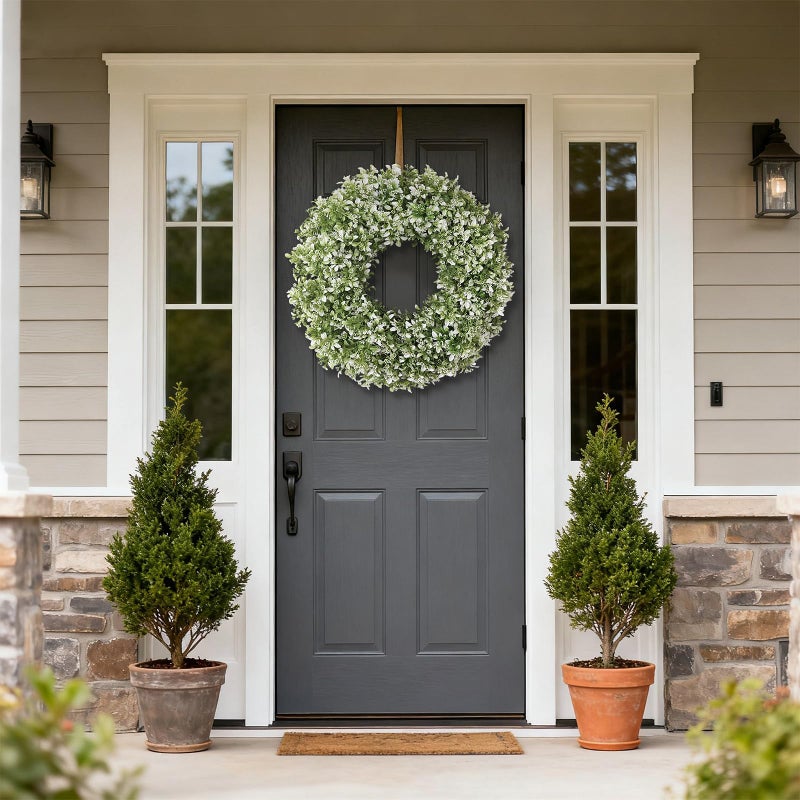 FOTEEWL 26" Artificial Boxwood Wreath for Front Door - Large Faux Aglaia Odorata Wreath, Fake Eucalyptus Leaves Plants for Wall Window Farmhouse Outdoor Decor - Spring, Summer, All Seasons (White-Green) - Image 2