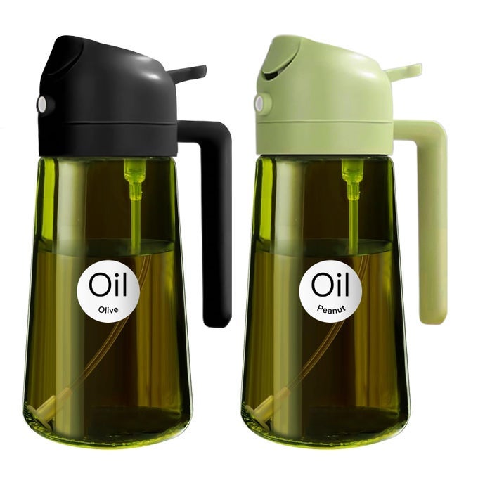 16OZ470ML 2PCS LIGHT BLOCKAGE DARK OIL SPRAYER FOR COOKING 2 IN 1 OLIVE OIL DISPENSER BOTTLE FOR KITCHEN GREEN GLASS OIL BOTTLE FOODGRADE OIL MISTER FOR AIR FRYER BBQ BLACK GREEN