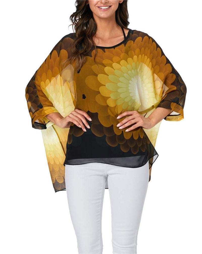 Vanbuy Womens Summer Printed Batwing Sleeve Top Chiffon Poncho Flowy Loose Sheer Beach Cover Up Z336-43-4339 - Image 2
