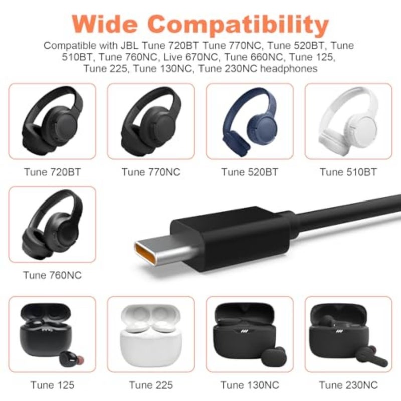USB C Charger Charging Cable Compatible with JBL Tune 720BT, Tune 770NC, Tune 520BT, Tune 510BT, Tune 760NC, Live 670NC, Tune 660NC, Tune 125, Tune 225, Tune 130NC, Tune 230NC Headphones 3.3 FT - Image 2