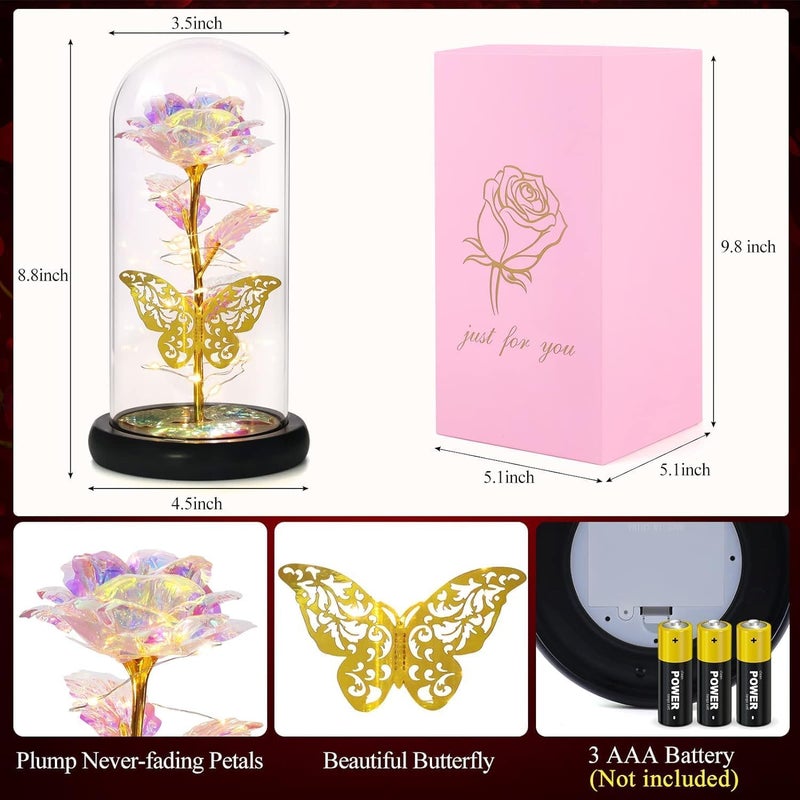 MIJILIX Rose Flower Gifts for WomenColorful Rainbow Artificial Flower Rose Light Up Rose in Acrylic DomeWomen Gifts Valentines Anniversary Wedding Gifts Rose Flower Gift with Butterfly - Image 2
