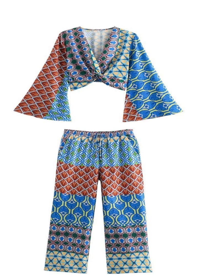 Shougu New Knot Decoration Printed Shirt Top Straight Leg Pants Set - Image 1