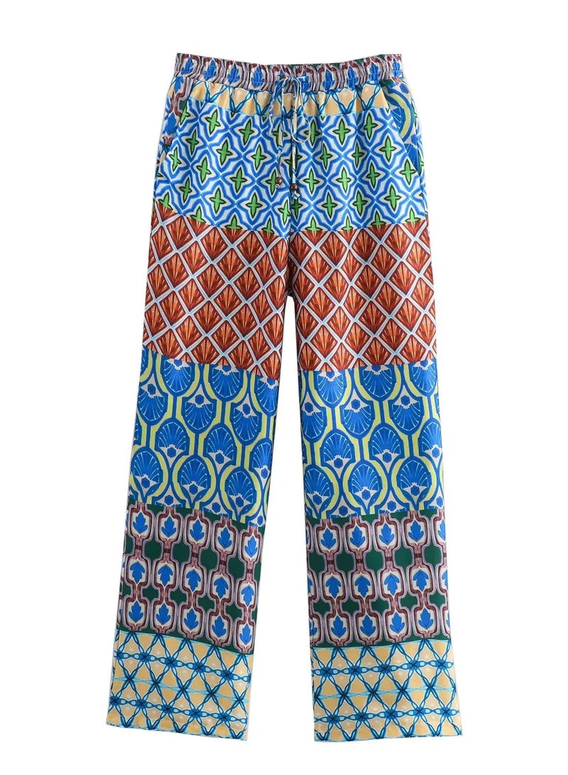 Shougu New Knot Decoration Printed Shirt Top Straight Leg Pants Set - Image 2