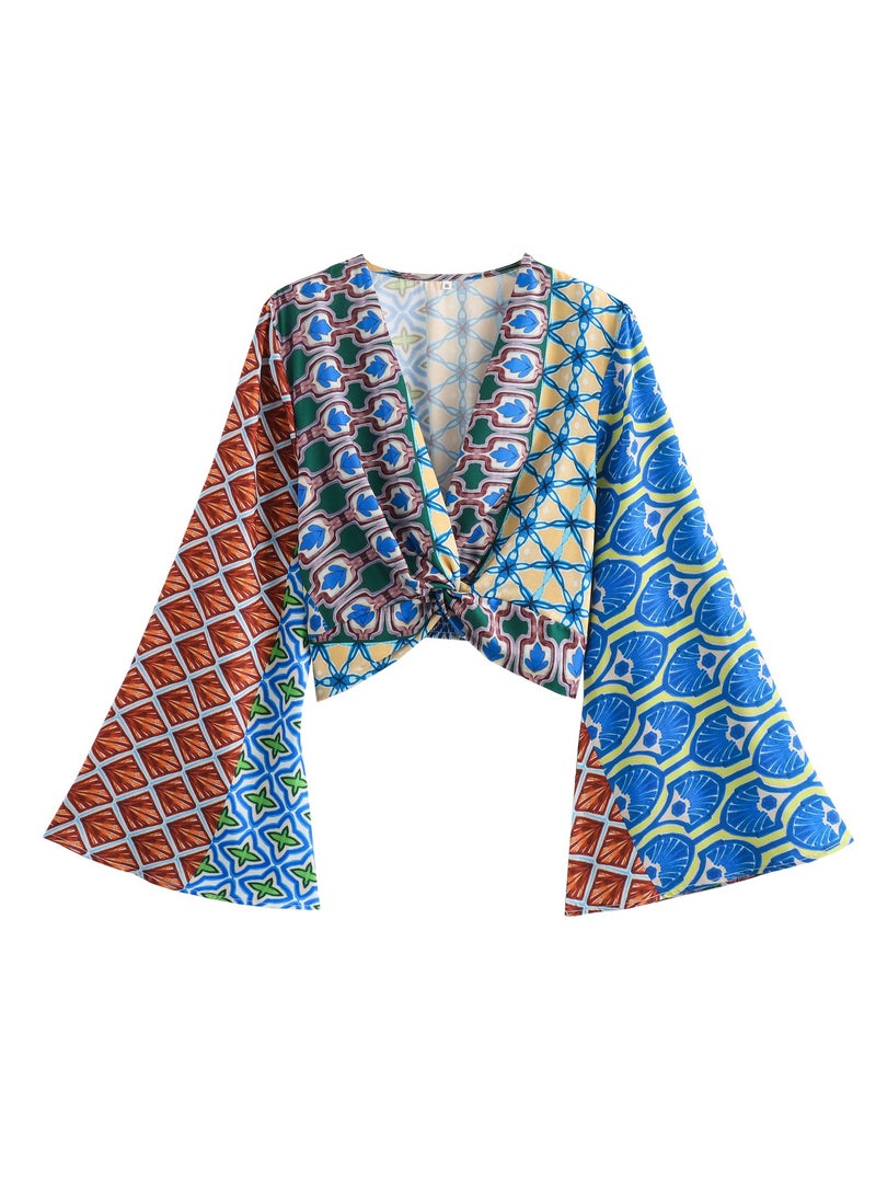 Shougu New Knot Decoration Printed Shirt Top Straight Leg Pants Set - Image 3