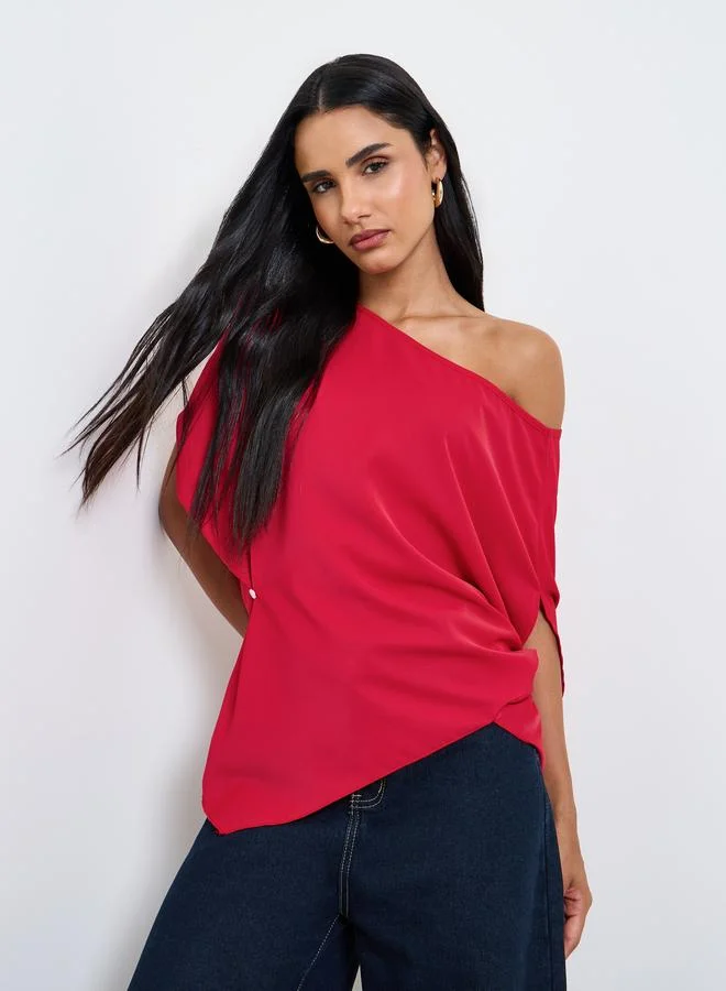 تايك تو Red One-Shoulder Neck Relaxed Fit Top