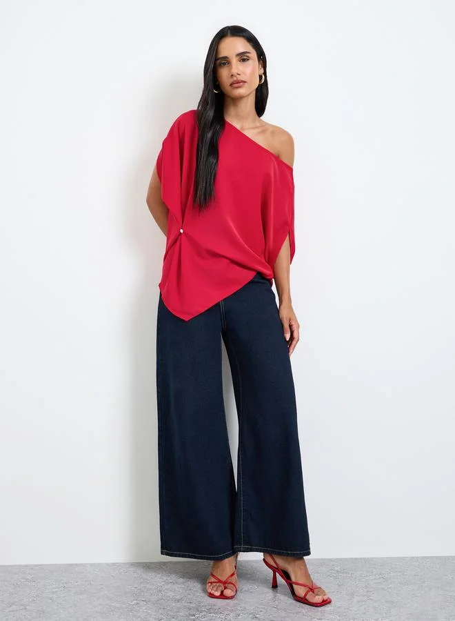 تايك تو Red One-Shoulder Neck Relaxed Fit Top