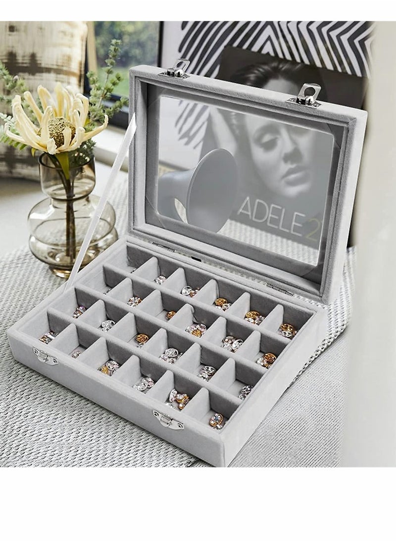 SYOSI - Jewelry Box 24 Grid Grey Velvet Jewelry Tray for Drawers Glass Clear Lid Showcase Display Storage Ring Trays Holder Earrings Organizer Case - Image 1