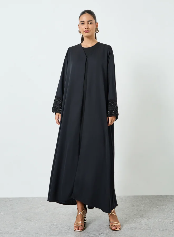 Black Embroidered Mesh Sleeve Cuff Open Front Abaya