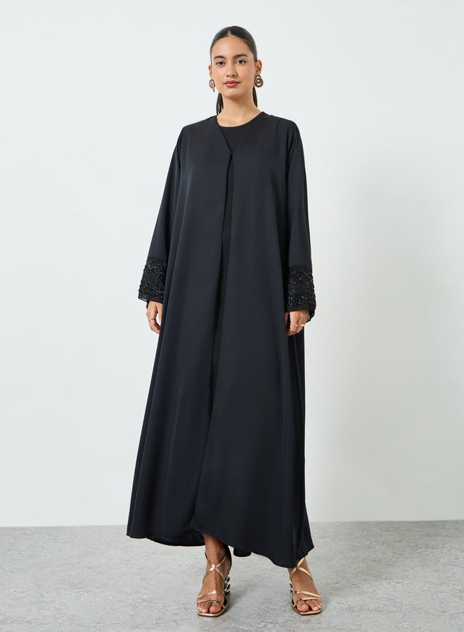 Amirah Black Embroidered Mesh Sleeve Cuff Open Front Abaya - Image 1