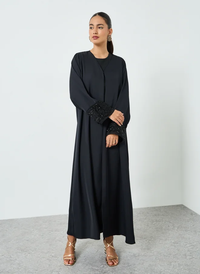 Amirah  Black Embroidered Mesh Sleeve Cuff Open Front Abaya for Women | Best Price UAE