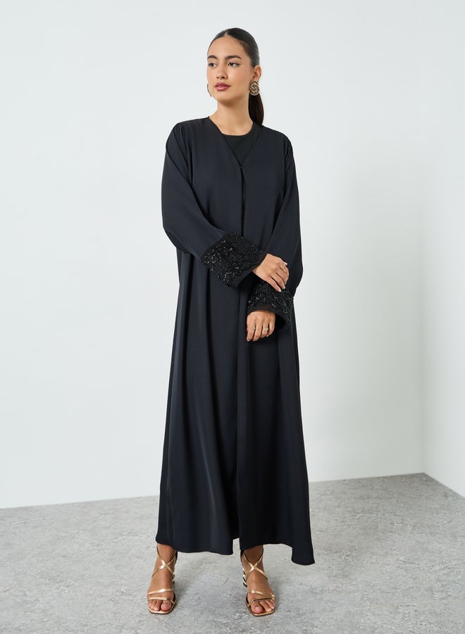 Amirah Black Embroidered Mesh Sleeve Cuff Open Front Abaya - Image 3